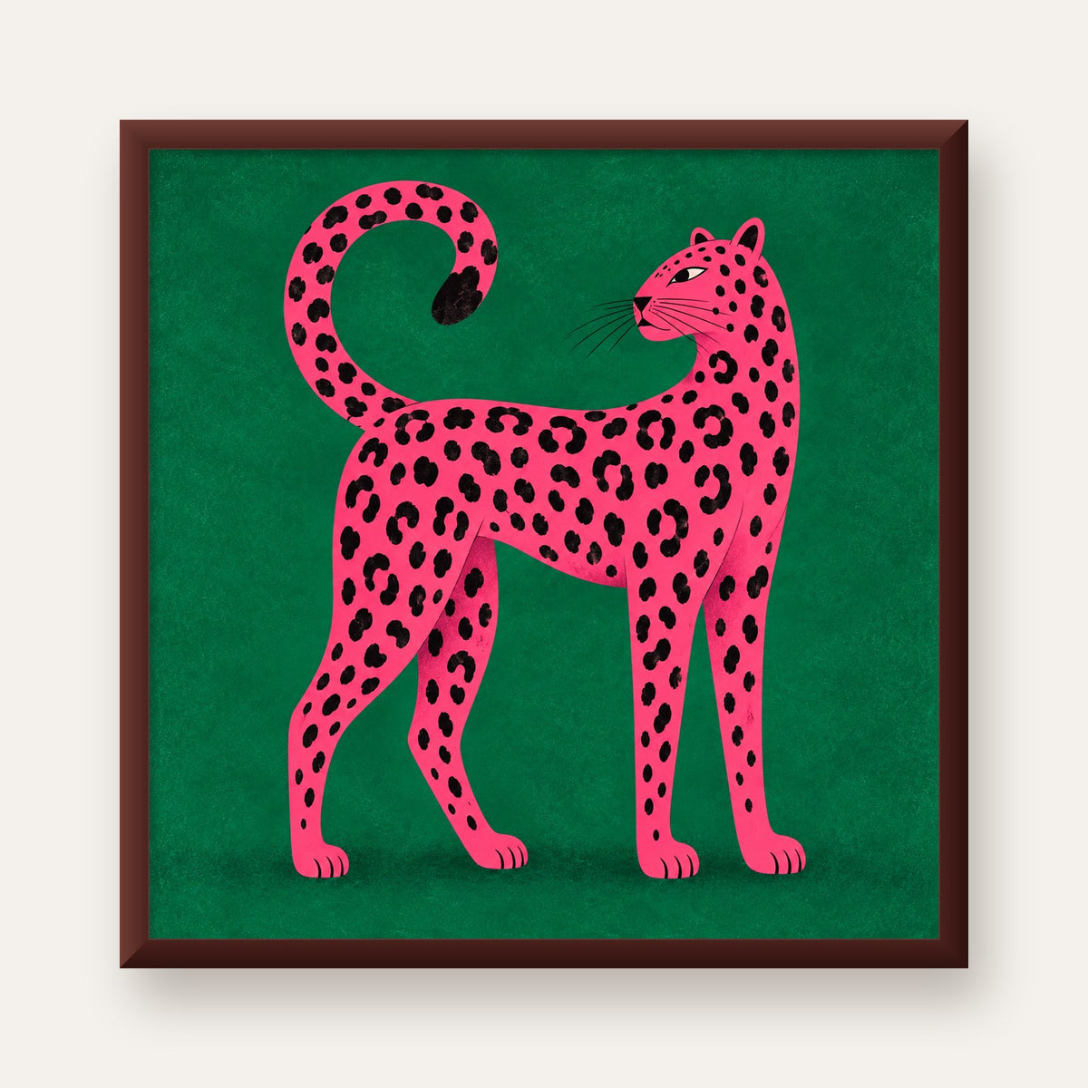 Yeşil Fonlu Pembe Leopar Modern Duvar Posteri — ceviz çerçeveli