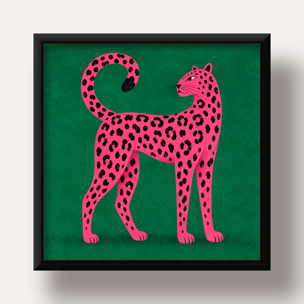 Yeşil Fonlu Pembe Leopar Modern Duvar Posteri — siyah derin çerçeveli