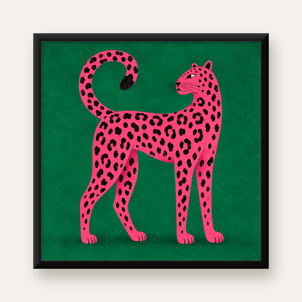 Yeşil Fonlu Pembe Leopar Modern Duvar Posteri — Kare baskı, düz siyah çerçeveli duvar posteri