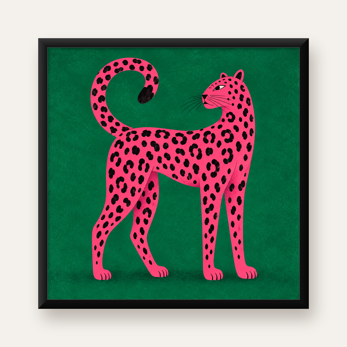 Yeşil Fonlu Pembe Leopar Modern Duvar Posteri — Kare baskı, düz siyah çerçeveli duvar posteri