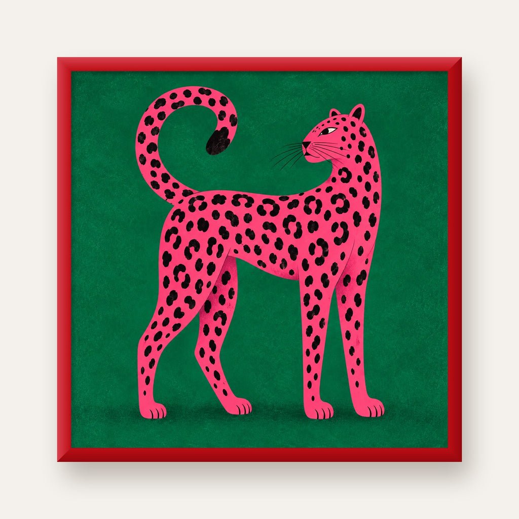 Yeşil Fonlu Pembe Leopar Modern Duvar Posteri — kırmızı çerçeveli