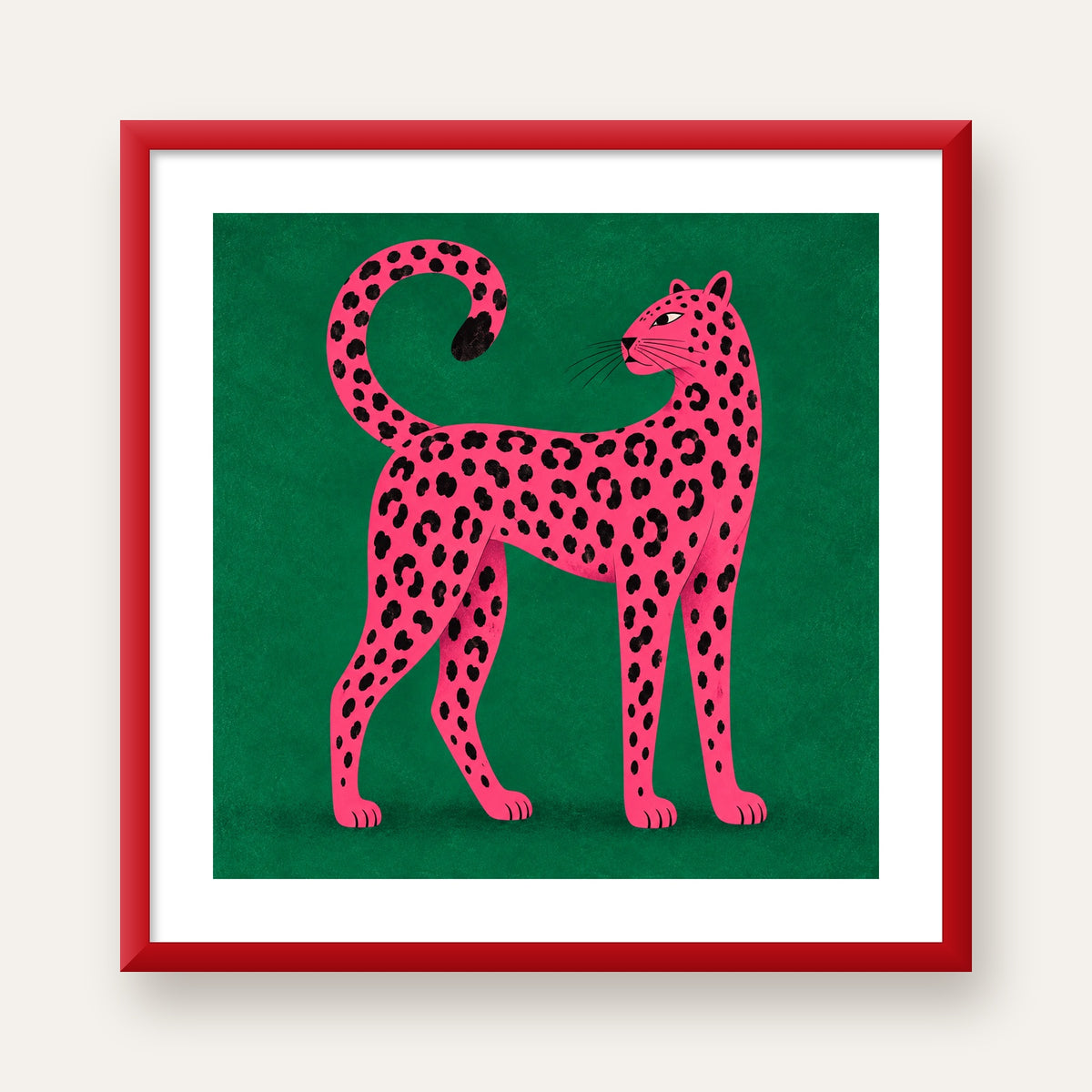 Yeşil Fonlu Pembe Leopar Modern Duvar Posteri — kırmızı çerçeveli paspartulu