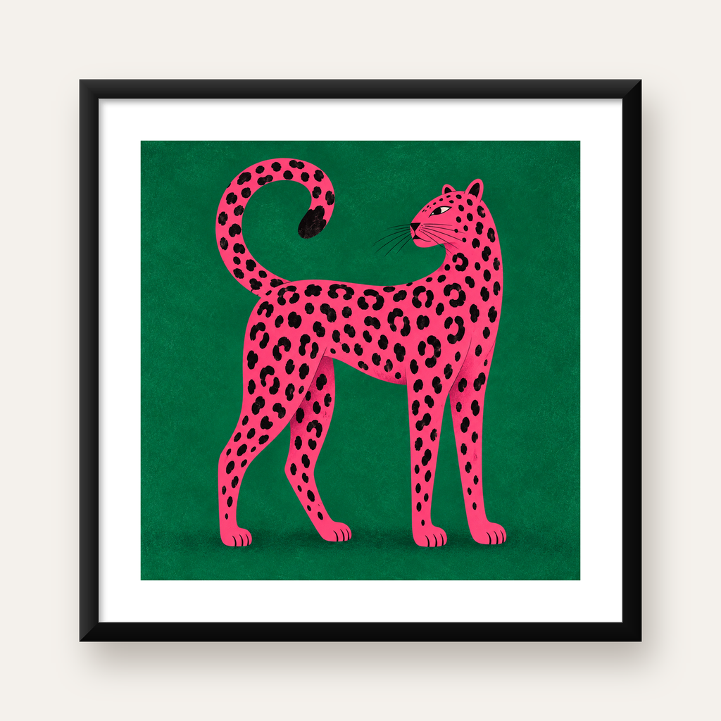 Yeşil Fonlu Pembe Leopar Modern Duvar Posteri — Kare baskı, beyaz paspartulu