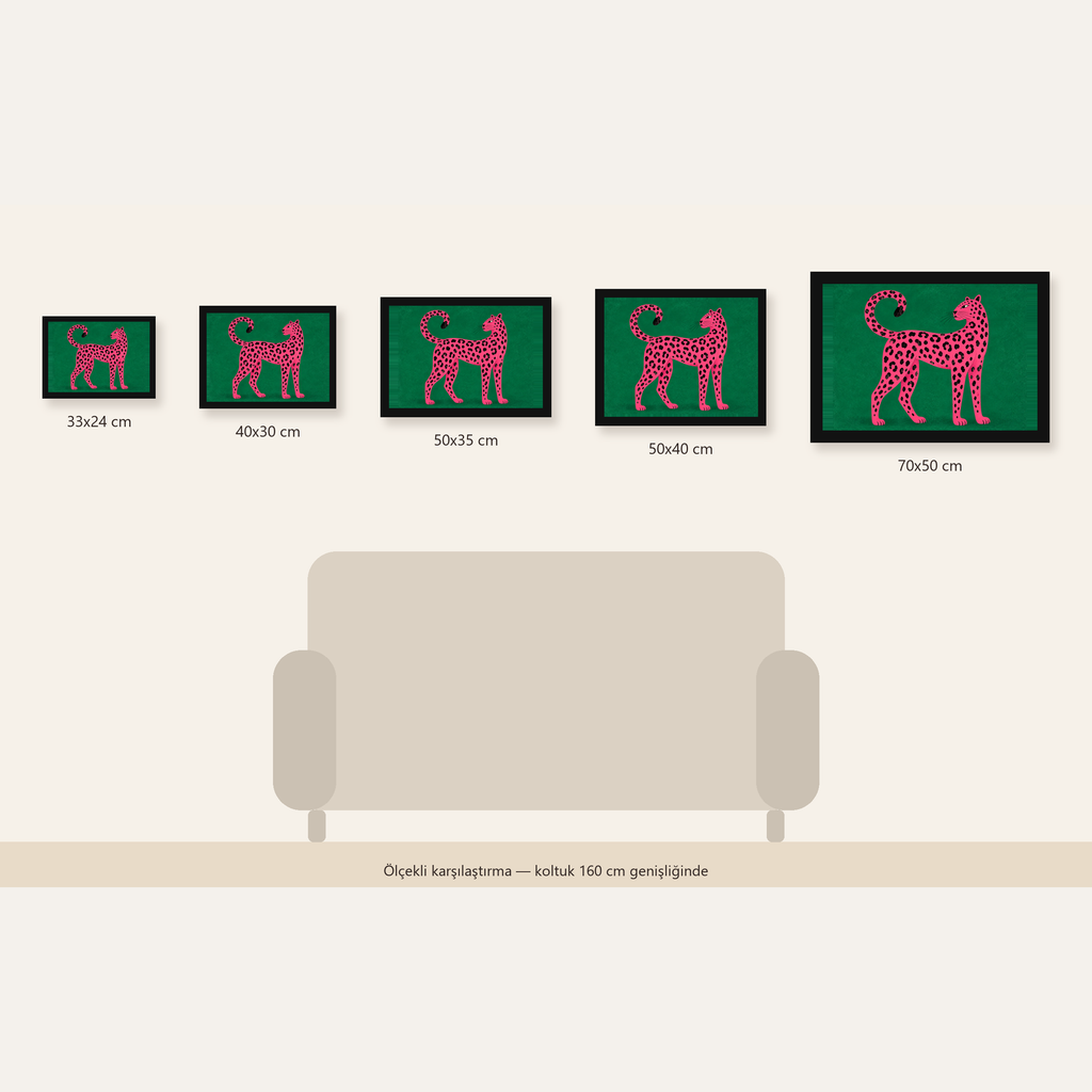 Yeşil Fonlu Pembe Leopar Modern Duvar Posteri — Yatay ölçülerinin karşılaştırması