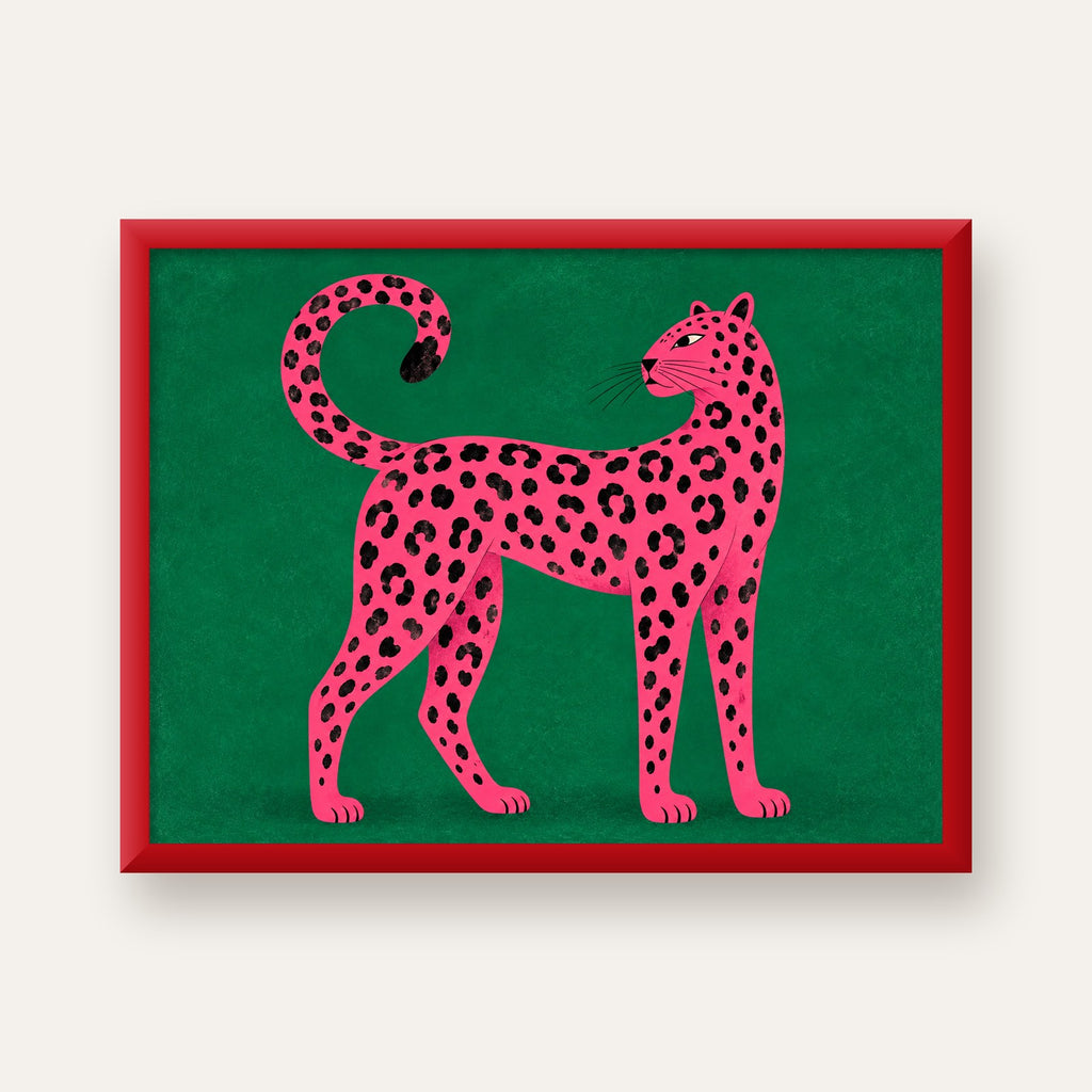 Yeşil Fonlu Pembe Leopar Modern Duvar Posteri — kırmızı çerçeveli