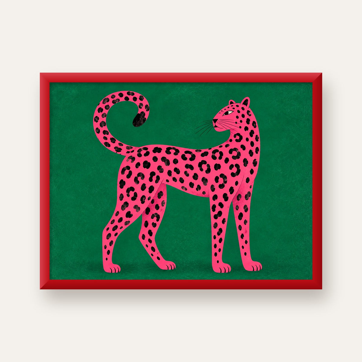 Yeşil Fonlu Pembe Leopar Modern Duvar Posteri — kırmızı çerçeveli
