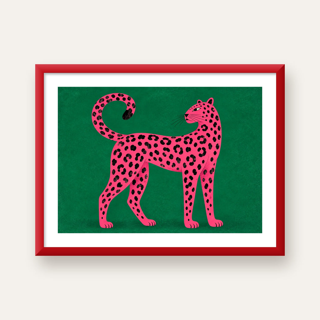Yeşil Fonlu Pembe Leopar Modern Duvar Posteri — kırmızı çerçeveli paspartulu