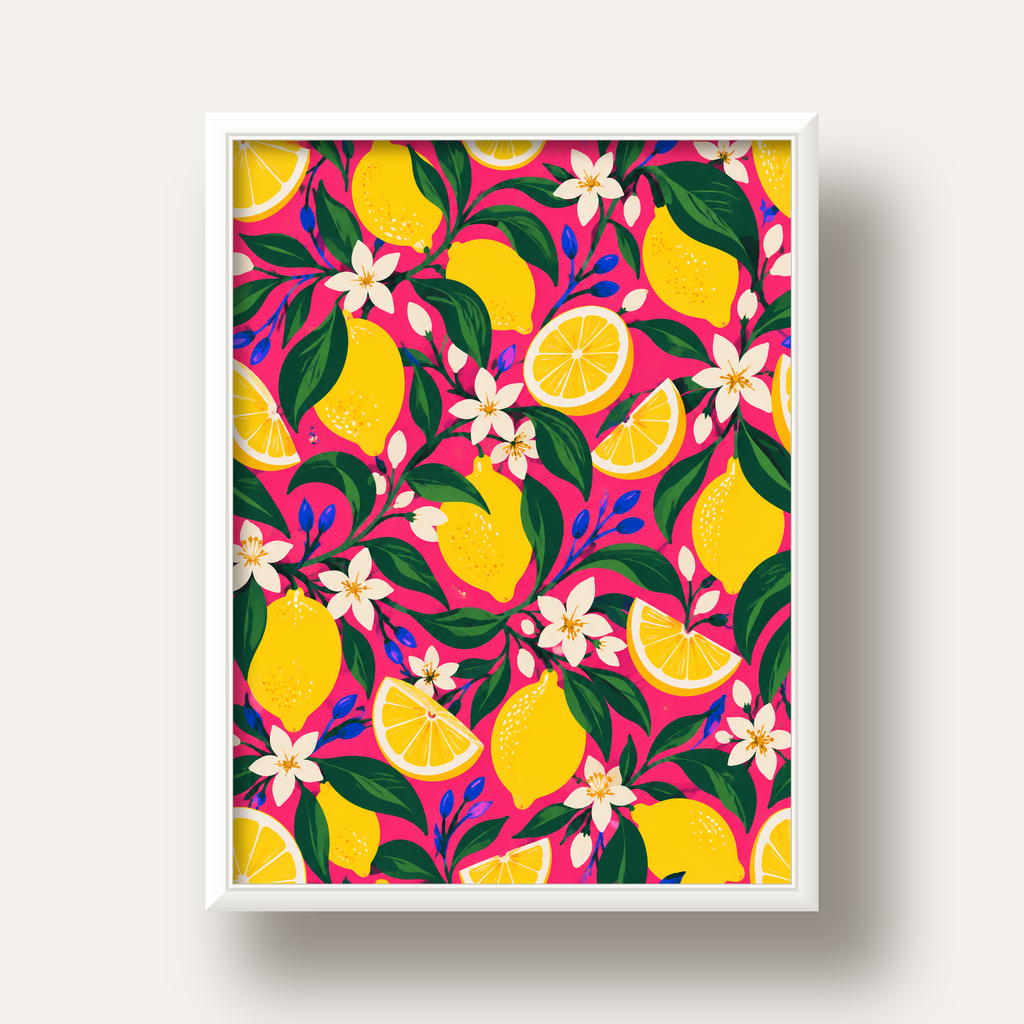 Limon ve Çiçek Desenli Canlı Pembe Modern Sanat Poster — beyaz derin çerçeveli