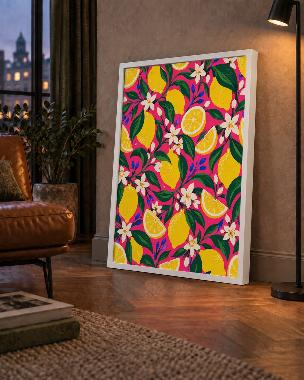 Limon ve Çiçek Desenli Canlı Pembe Modern Sanat Poster — çerçeveli hâliyle bir ev duvarında