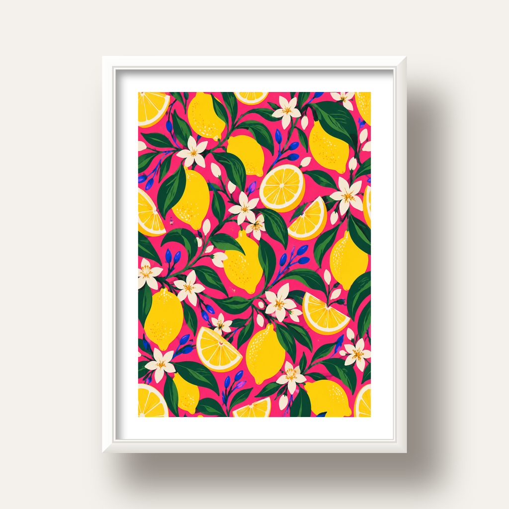 Limon ve Çiçek Desenli Canlı Pembe Modern Sanat Poster — beyaz derin çerçeveli paspartulu