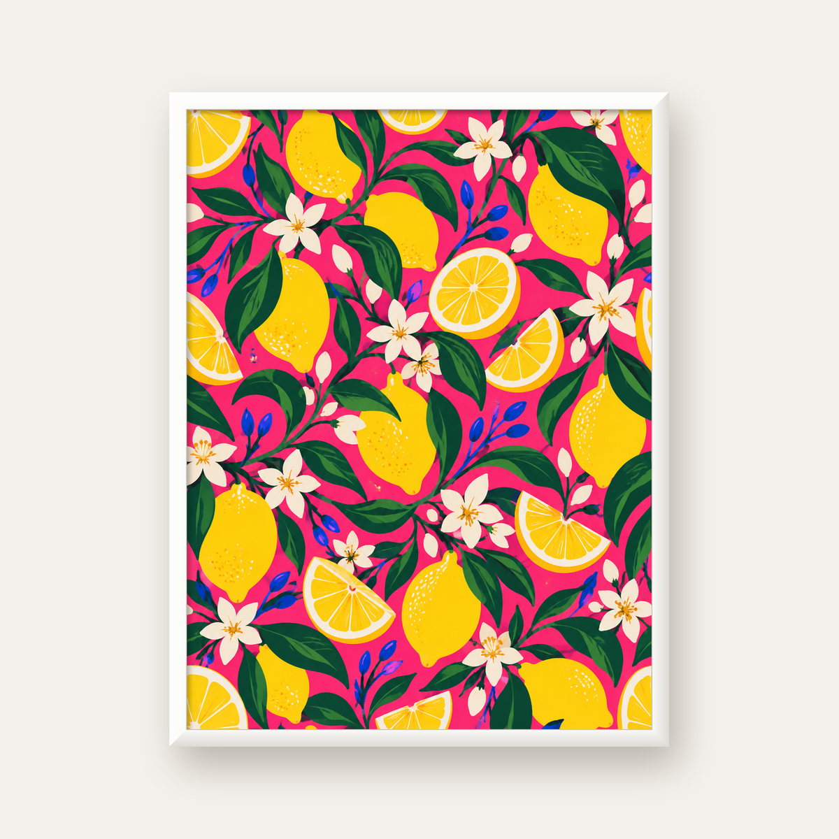 Limon ve Çiçek Desenli Canlı Pembe Modern Sanat Poster — beyaz çerçeveli dikey poster