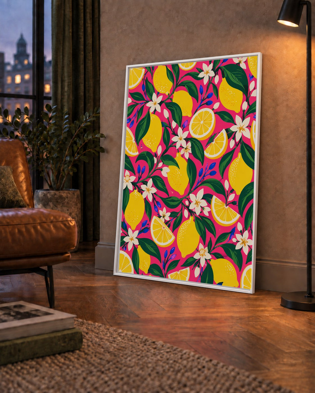 Limon ve Çiçek Desenli Canlı Pembe Modern Sanat Poster — çerçeveli hâliyle bir ev duvarında
