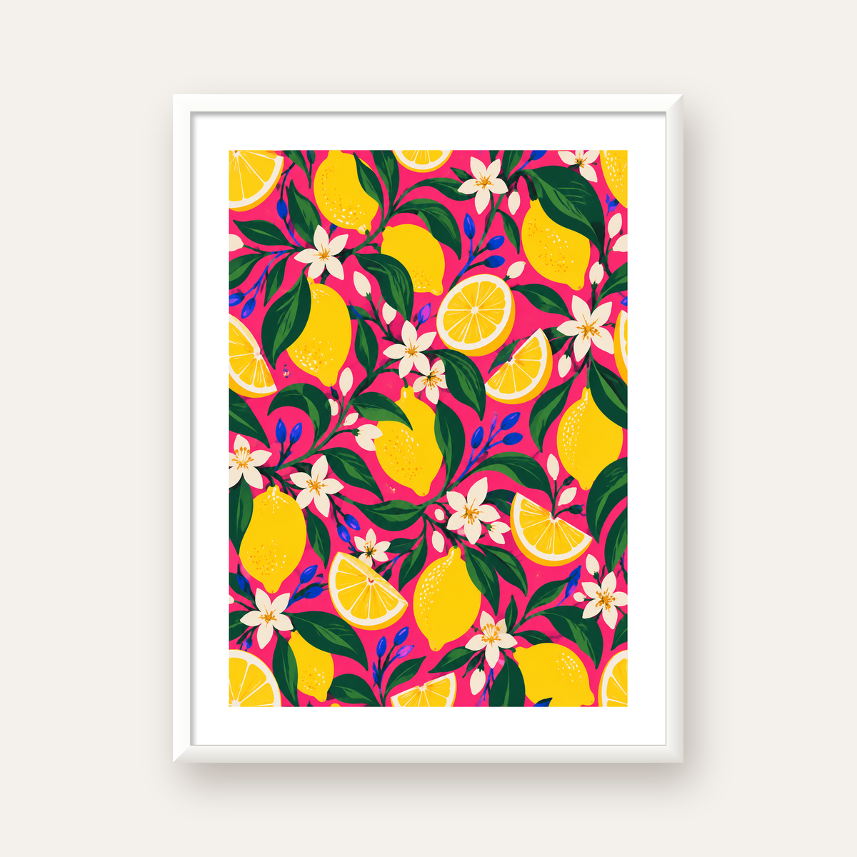 Limon ve Çiçek Desenli Canlı Pembe Modern Sanat Poster — beyaz çerçeveli dikey poster