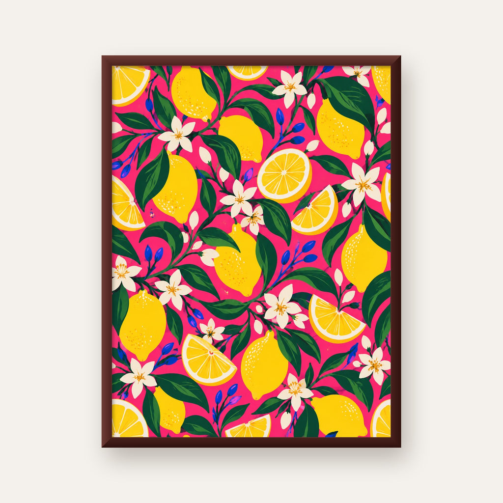 Limon ve Çiçek Desenli Canlı Pembe Modern Sanat Poster — ceviz çerçeveli