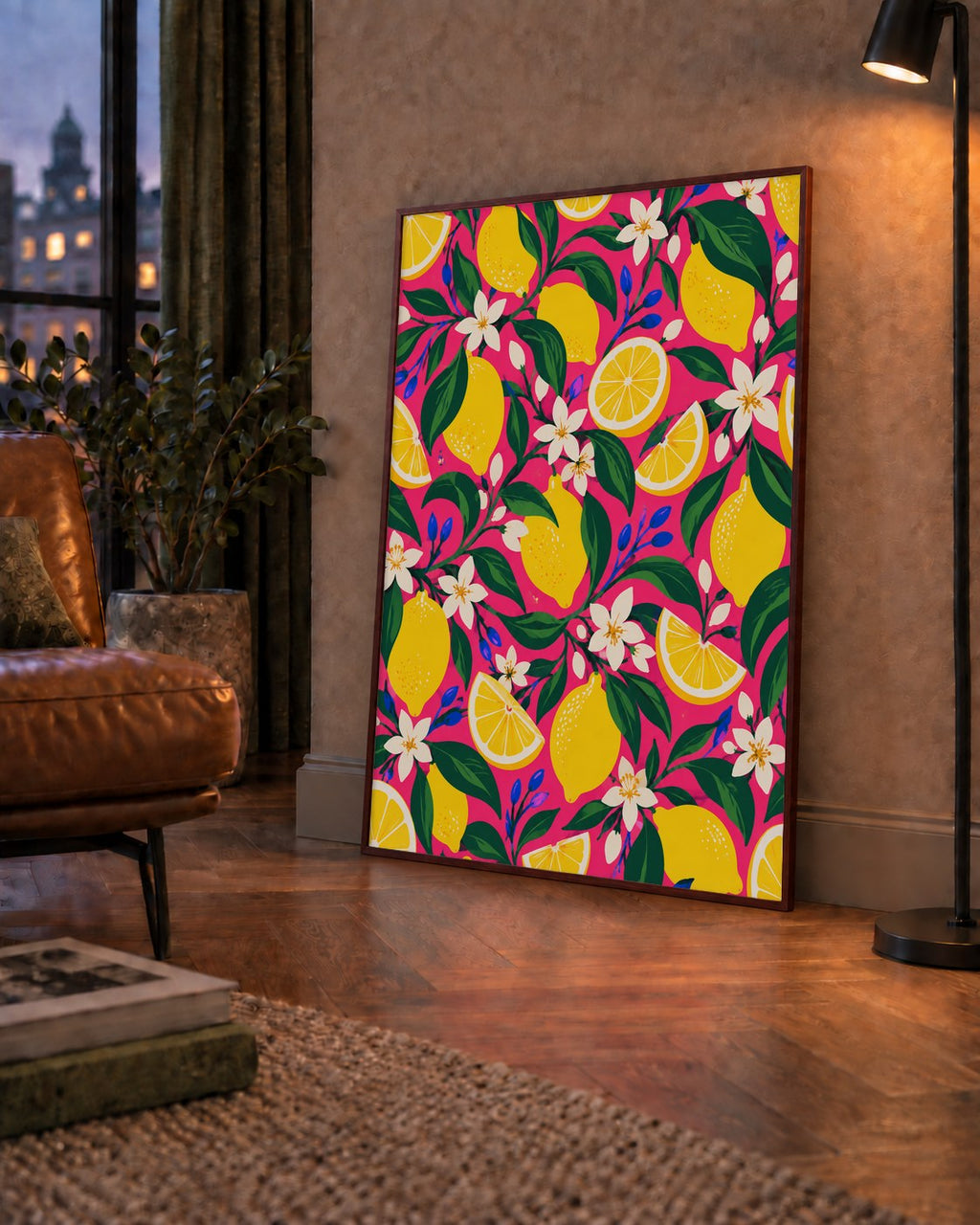 Limon ve Çiçek Desenli Canlı Pembe Modern Sanat Poster — çerçeveli hâliyle bir ev duvarında