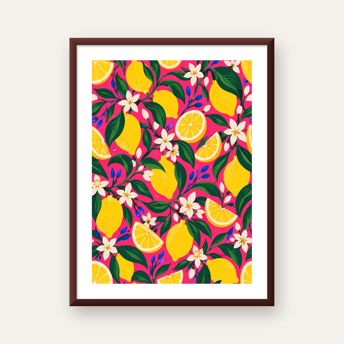 Limon ve Çiçek Desenli Canlı Pembe Modern Sanat Poster — ceviz çerçeveli paspartulu