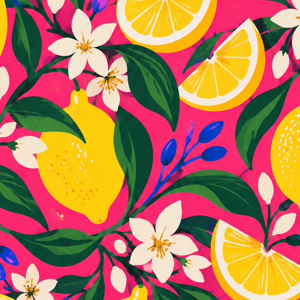 Limon ve Çiçek Desenli Pembe Dijital Poster – Canlı ve Modern — baskının yakın çekimi, kâğıt dokusu ve renk detayı