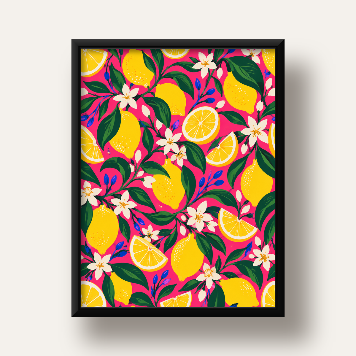 Limon ve Çiçek Desenli Canlı Pembe Modern Sanat Poster — siyah derin çerçeveli