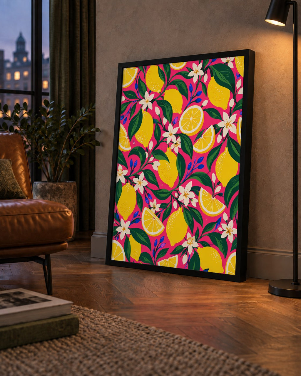 Limon ve Çiçek Desenli Canlı Pembe Modern Sanat Poster — çerçeveli hâliyle bir ev duvarında