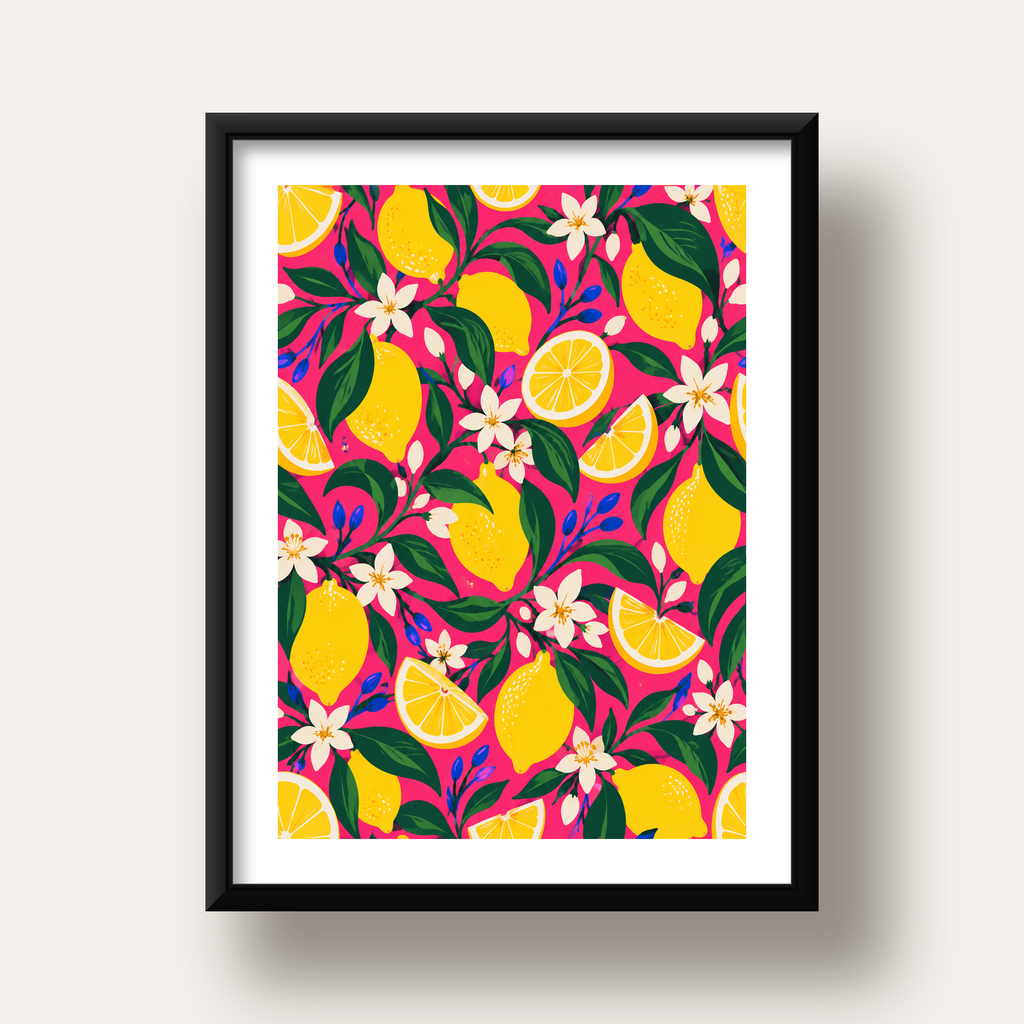 Limon ve Çiçek Desenli Canlı Pembe Modern Sanat Poster — siyah derin çerçeveli paspartulu