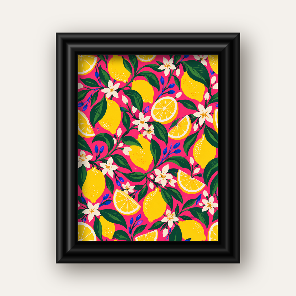 Limon ve Çiçek Desenli Canlı Pembe Modern Sanat Poster — siyah galeri çerçeveli
