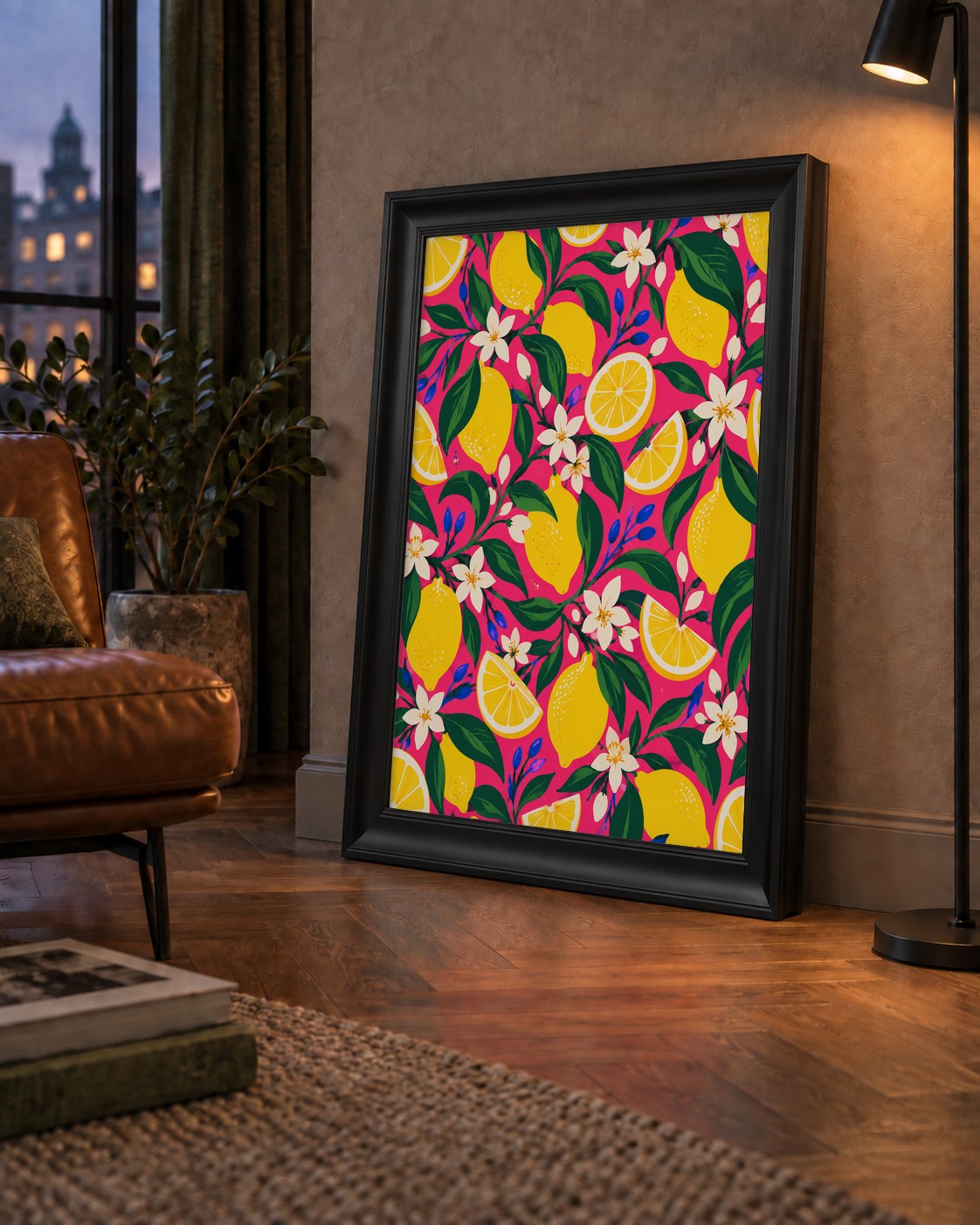 Limon ve Çiçek Desenli Canlı Pembe Modern Sanat Poster — çerçeveli hâliyle bir ev duvarında