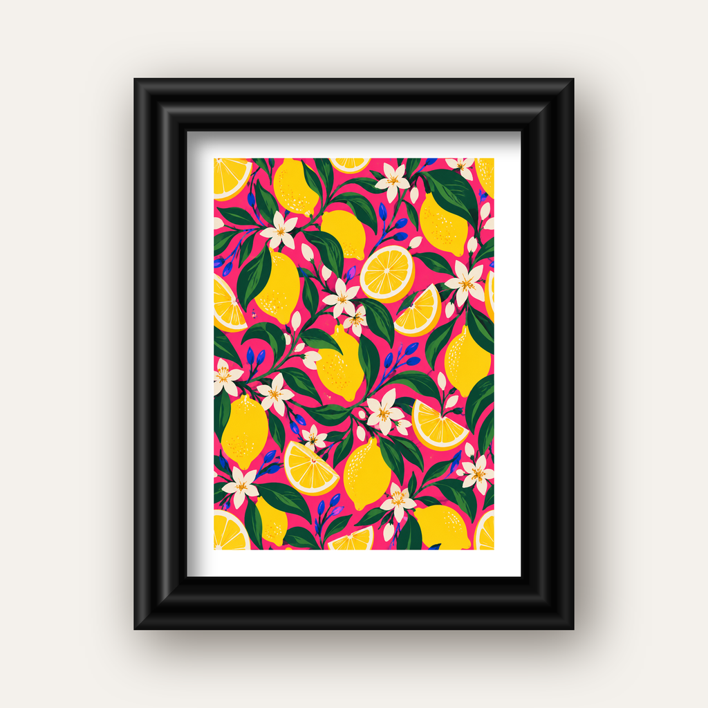 Limon ve Çiçek Desenli Canlı Pembe Modern Sanat Poster — siyah galeri çerçeveli paspartulu