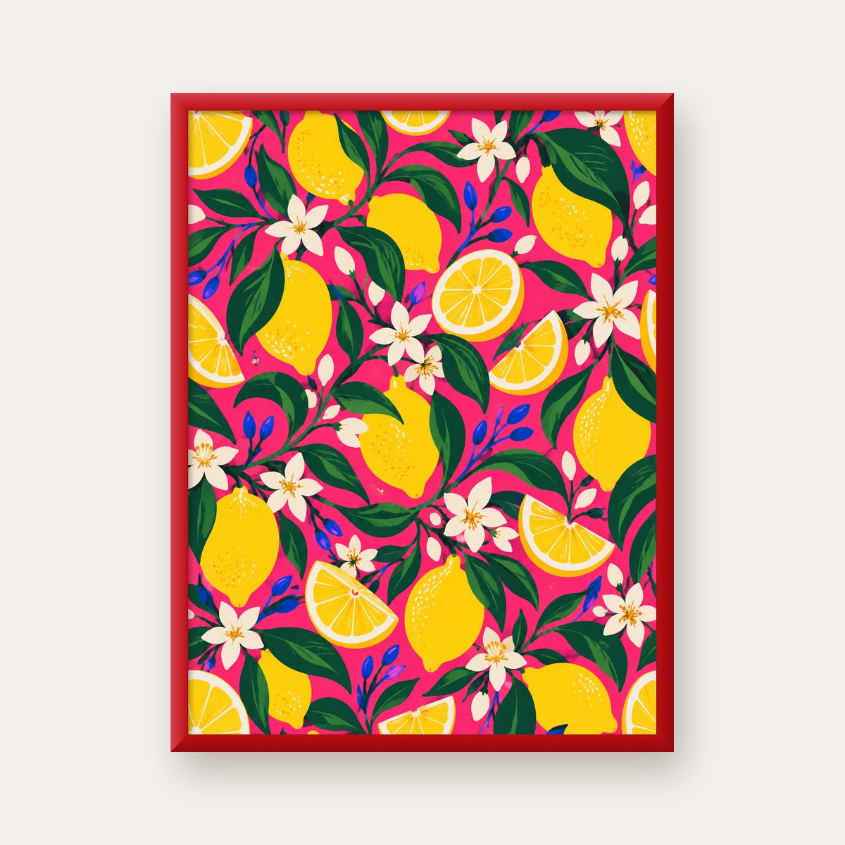 Limon ve Çiçek Desenli Canlı Pembe Modern Sanat Poster — kırmızı çerçeveli