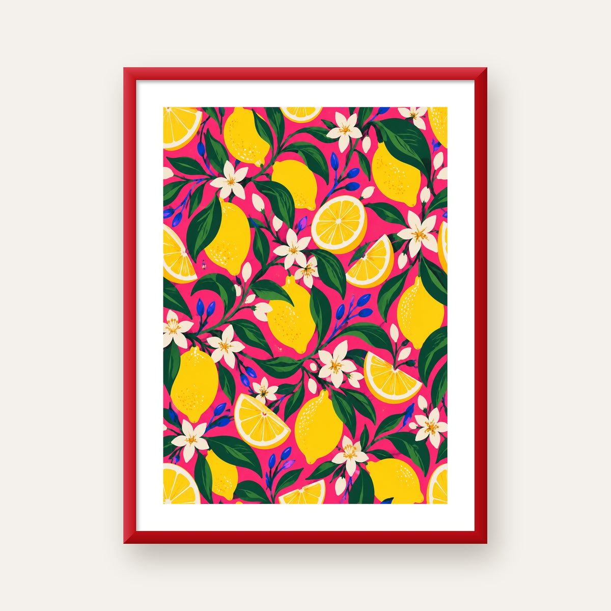 Limon ve Çiçek Desenli Canlı Pembe Modern Sanat Poster — kırmızı çerçeveli paspartulu