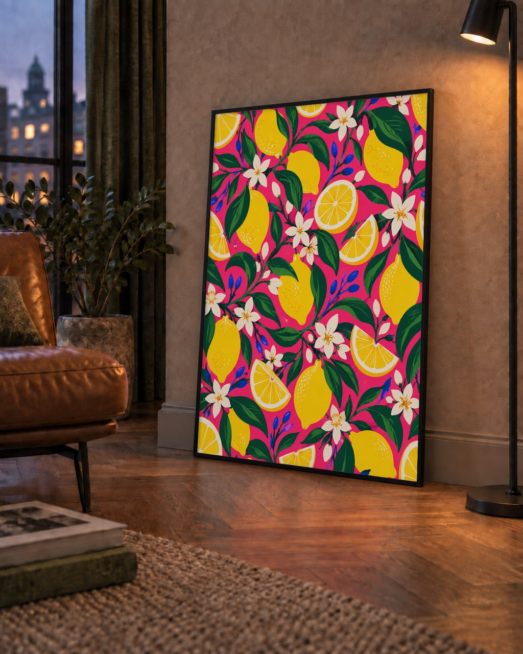 Limon ve Çiçek Desenli Canlı Pembe Modern Sanat Poster — çerçeveli hâliyle bir ev duvarında
