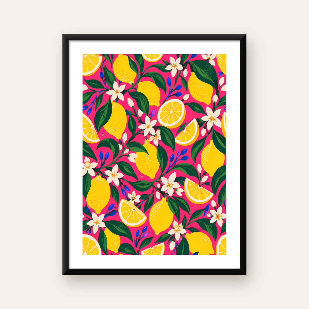 Limon ve Çiçek Desenli Pembe Dijital Poster – Canlı ve Modern — Dikey baskı, beyaz kenar boşluklu