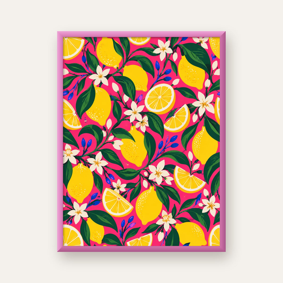 Limon ve Çiçek Desenli Canlı Pembe Modern Sanat Poster — pembe çerçeveli
