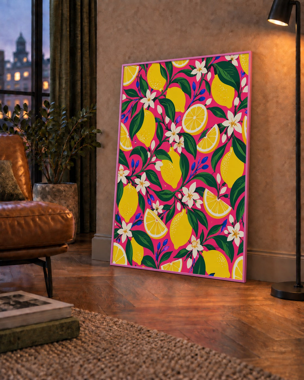 Limon ve Çiçek Desenli Canlı Pembe Modern Sanat Poster — çerçeveli hâliyle bir ev duvarında