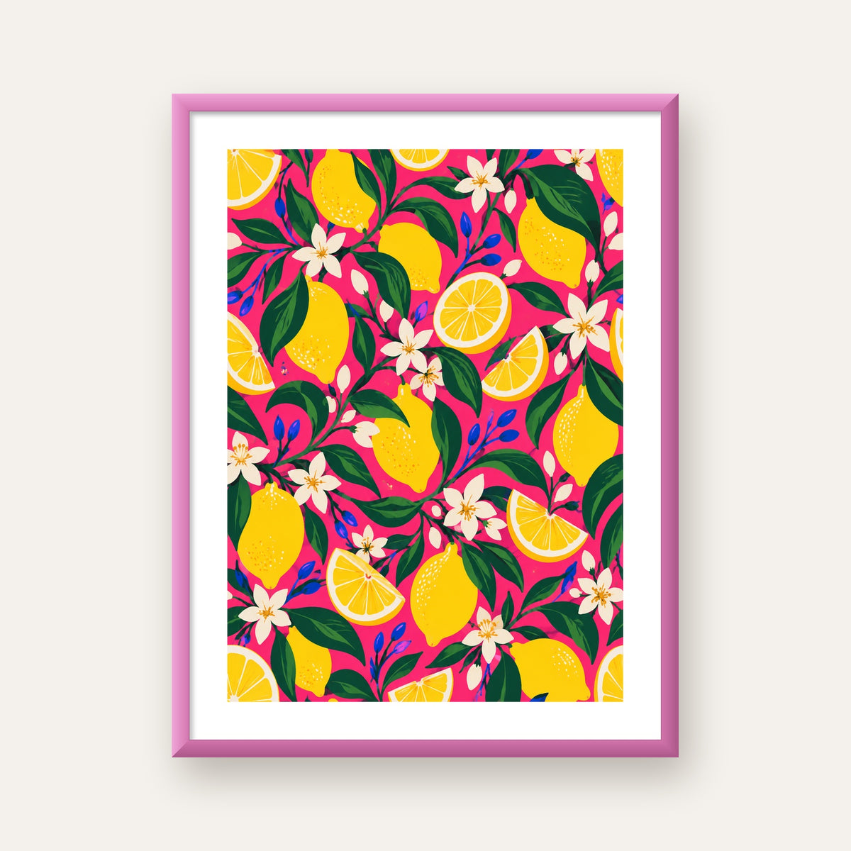 Limon ve Çiçek Desenli Canlı Pembe Modern Sanat Poster — pembe çerçeveli paspartulu
