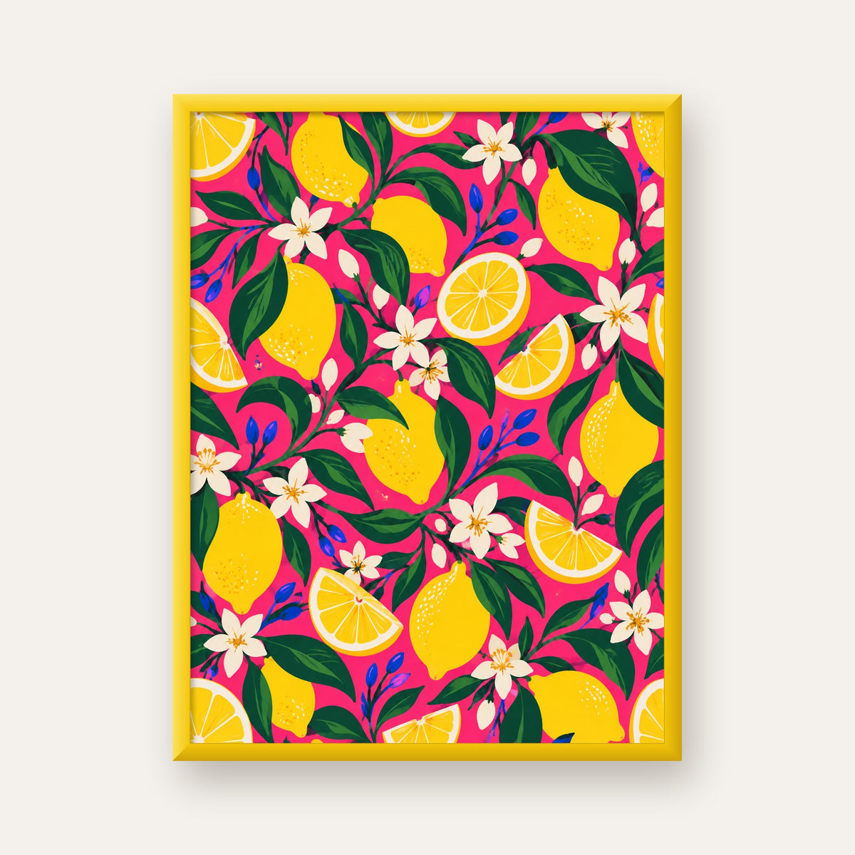 Limon ve Çiçek Desenli Canlı Pembe Modern Sanat Poster — sarı çerçeveli