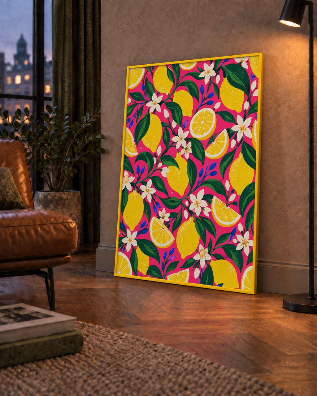 Limon ve Çiçek Desenli Canlı Pembe Modern Sanat Poster — çerçeveli hâliyle bir ev duvarında