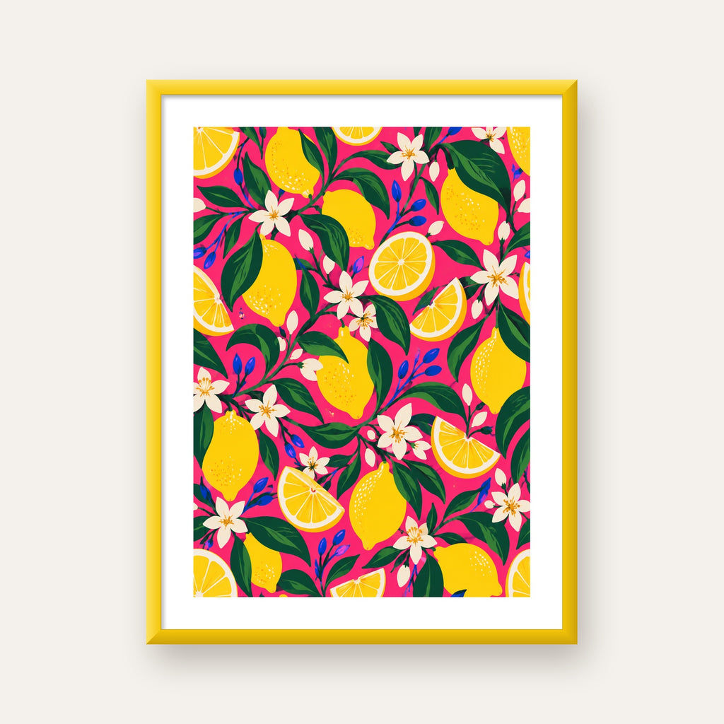 Limon ve Çiçek Desenli Canlı Pembe Modern Sanat Poster — sarı çerçeveli paspartulu