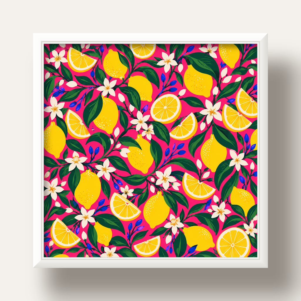 Limon ve Çiçek Desenli Canlı Pembe Modern Sanat Poster — beyaz derin çerçeveli