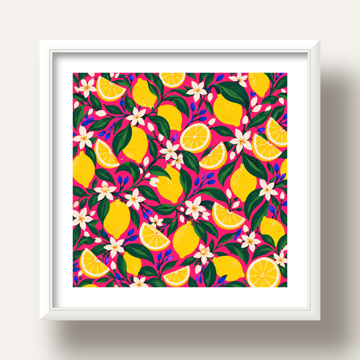 Limon ve Çiçek Desenli Canlı Pembe Modern Sanat Poster — beyaz derin çerçeveli paspartulu