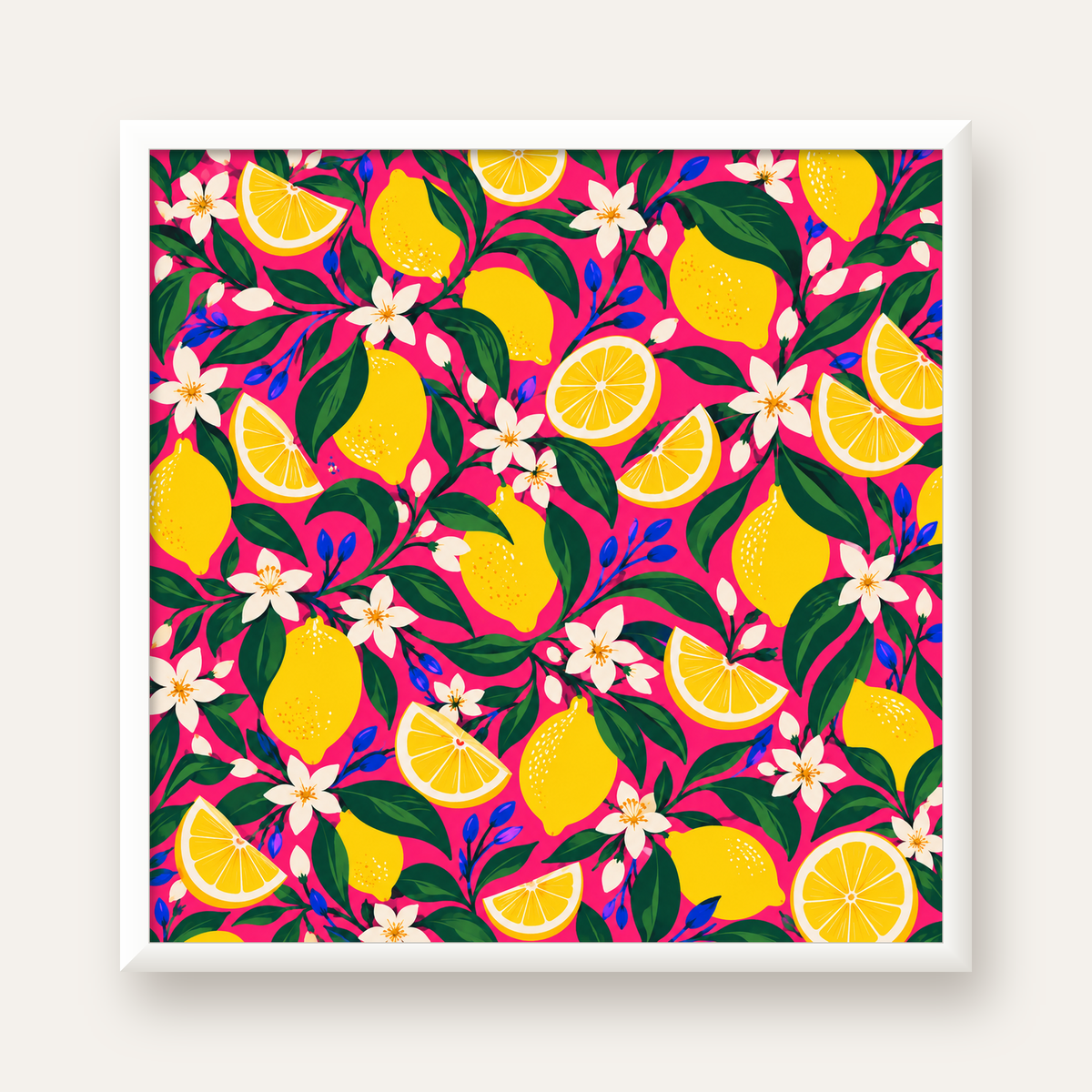 Limon ve Çiçek Desenli Canlı Pembe Modern Sanat Poster — beyaz çerçeveli kare poster