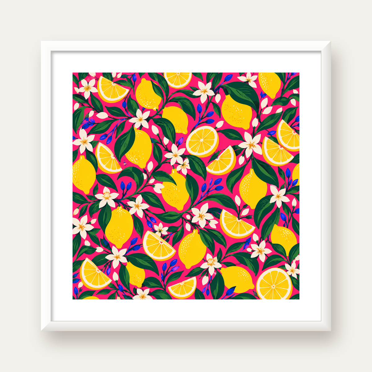 Limon ve Çiçek Desenli Canlı Pembe Modern Sanat Poster — beyaz çerçeveli kare poster