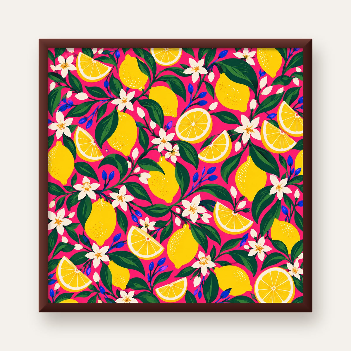 Limon ve Çiçek Desenli Canlı Pembe Modern Sanat Poster — ceviz çerçeveli