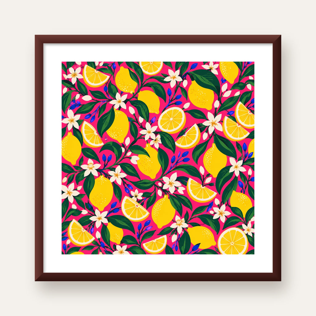 Limon ve Çiçek Desenli Canlı Pembe Modern Sanat Poster — ceviz çerçeveli paspartulu