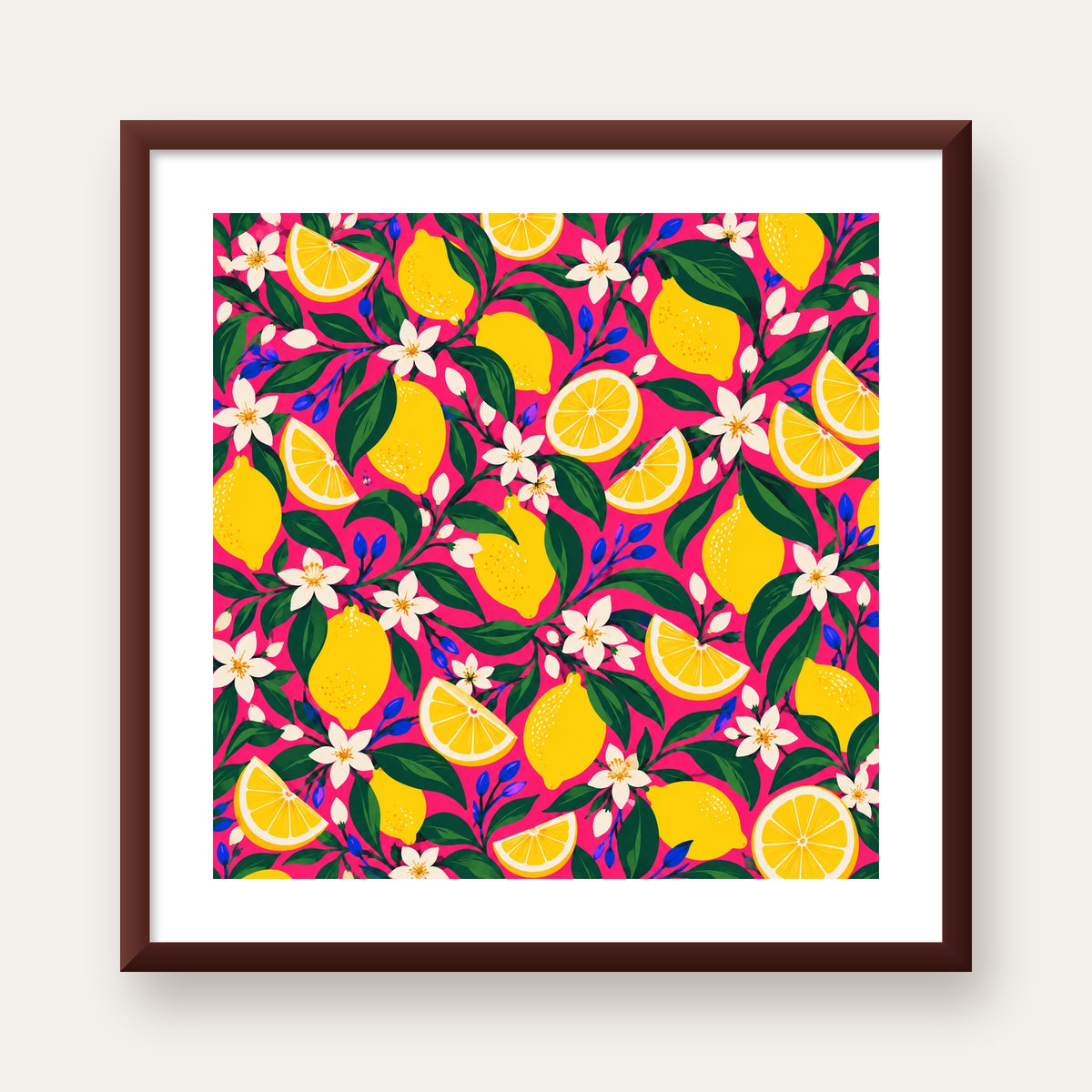 Limon ve Çiçek Desenli Canlı Pembe Modern Sanat Poster — ceviz çerçeveli paspartulu