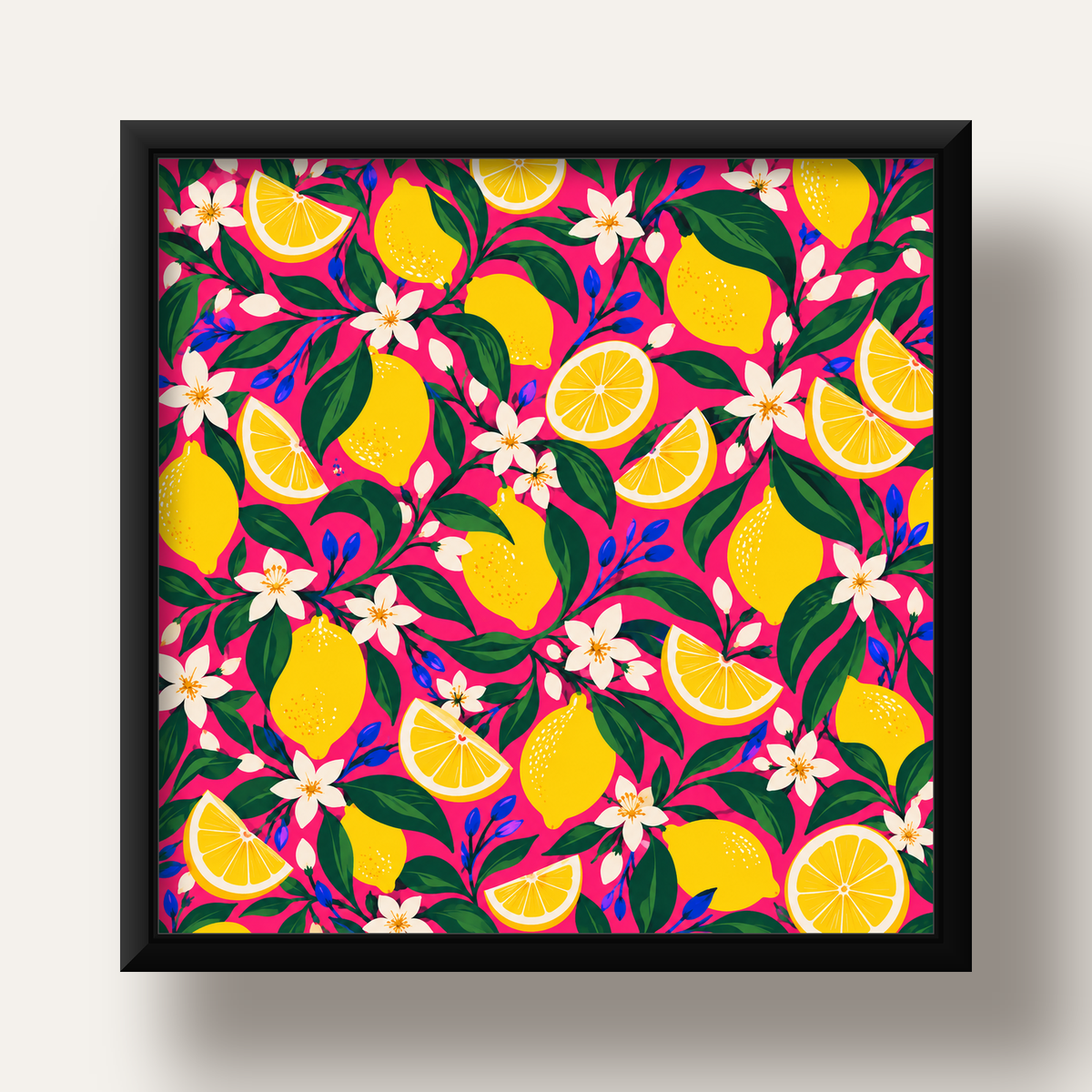 Limon ve Çiçek Desenli Canlı Pembe Modern Sanat Poster — siyah derin çerçeveli