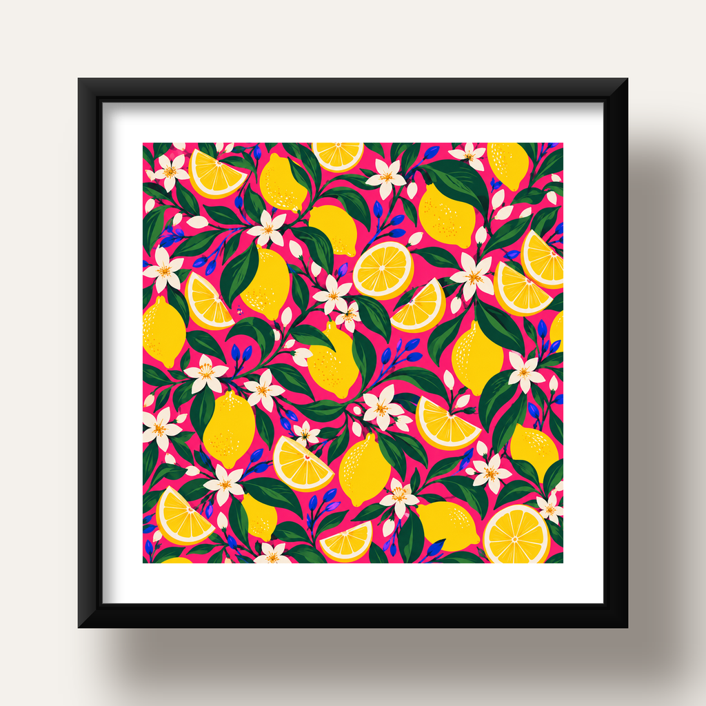Limon ve Çiçek Desenli Canlı Pembe Modern Sanat Poster — siyah derin çerçeveli paspartulu