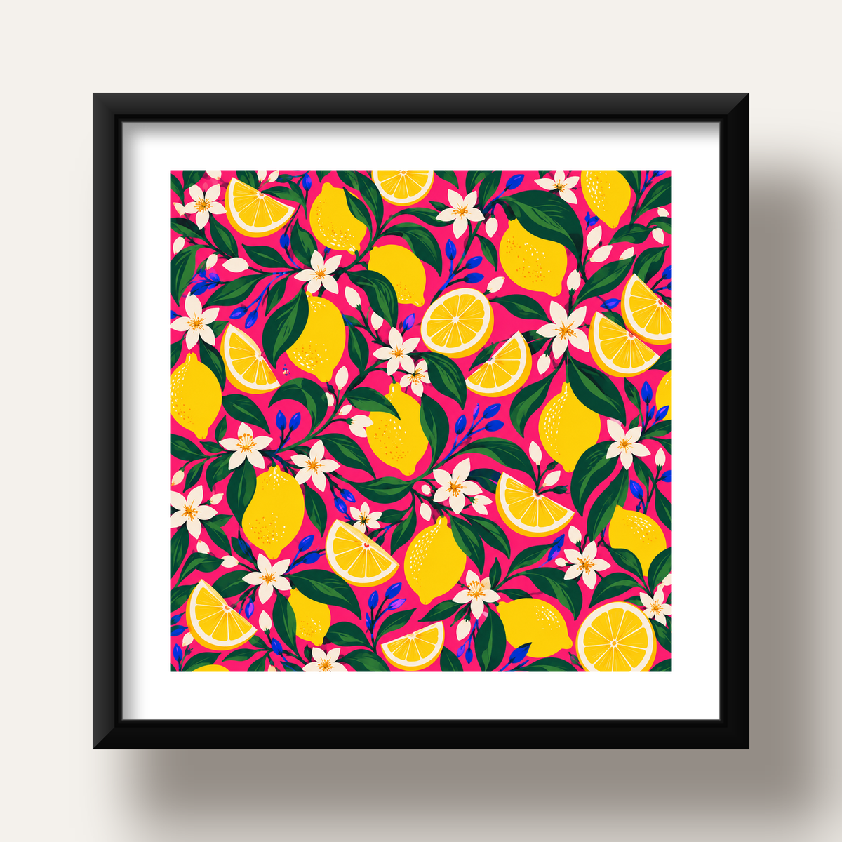 Limon ve Çiçek Desenli Canlı Pembe Modern Sanat Poster — siyah derin çerçeveli paspartulu