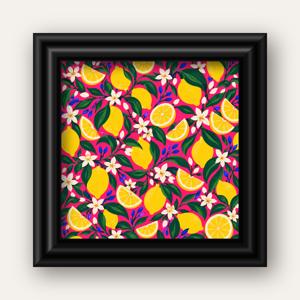 Limon ve Çiçek Desenli Canlı Pembe Modern Sanat Poster — siyah galeri çerçeveli