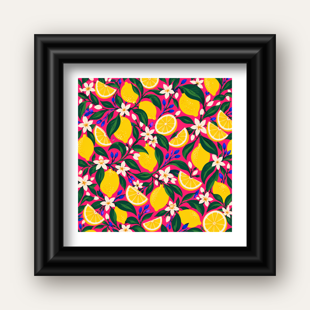 Limon ve Çiçek Desenli Canlı Pembe Modern Sanat Poster — siyah galeri çerçeveli paspartulu
