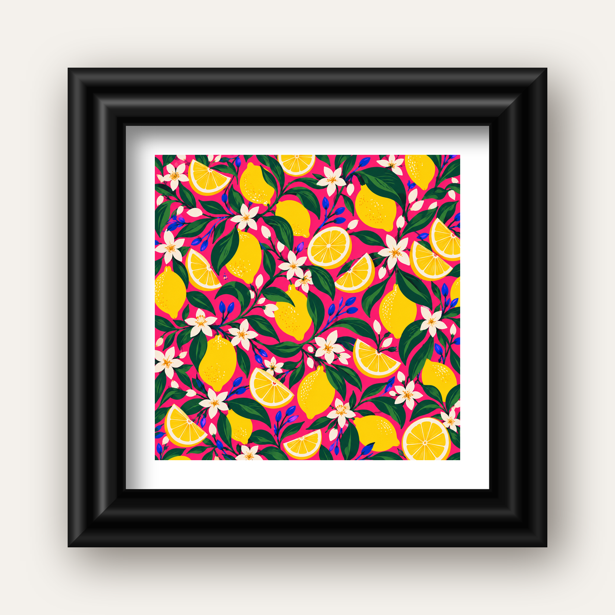 Limon ve Çiçek Desenli Canlı Pembe Modern Sanat Poster — siyah galeri çerçeveli paspartulu